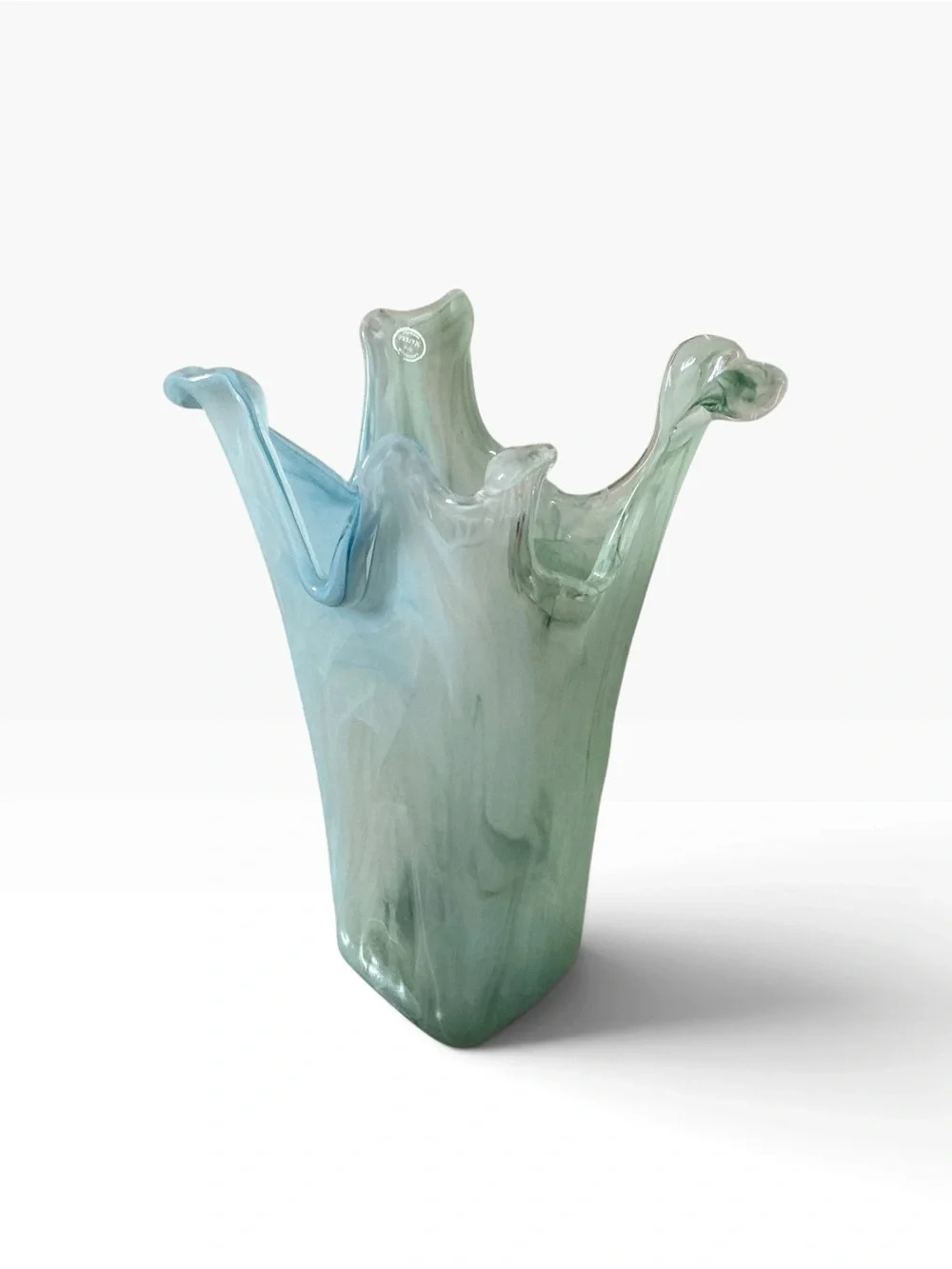 Vtg Lovarazione Art Murano glass aqua blue & green swirl ruffled vase Italy